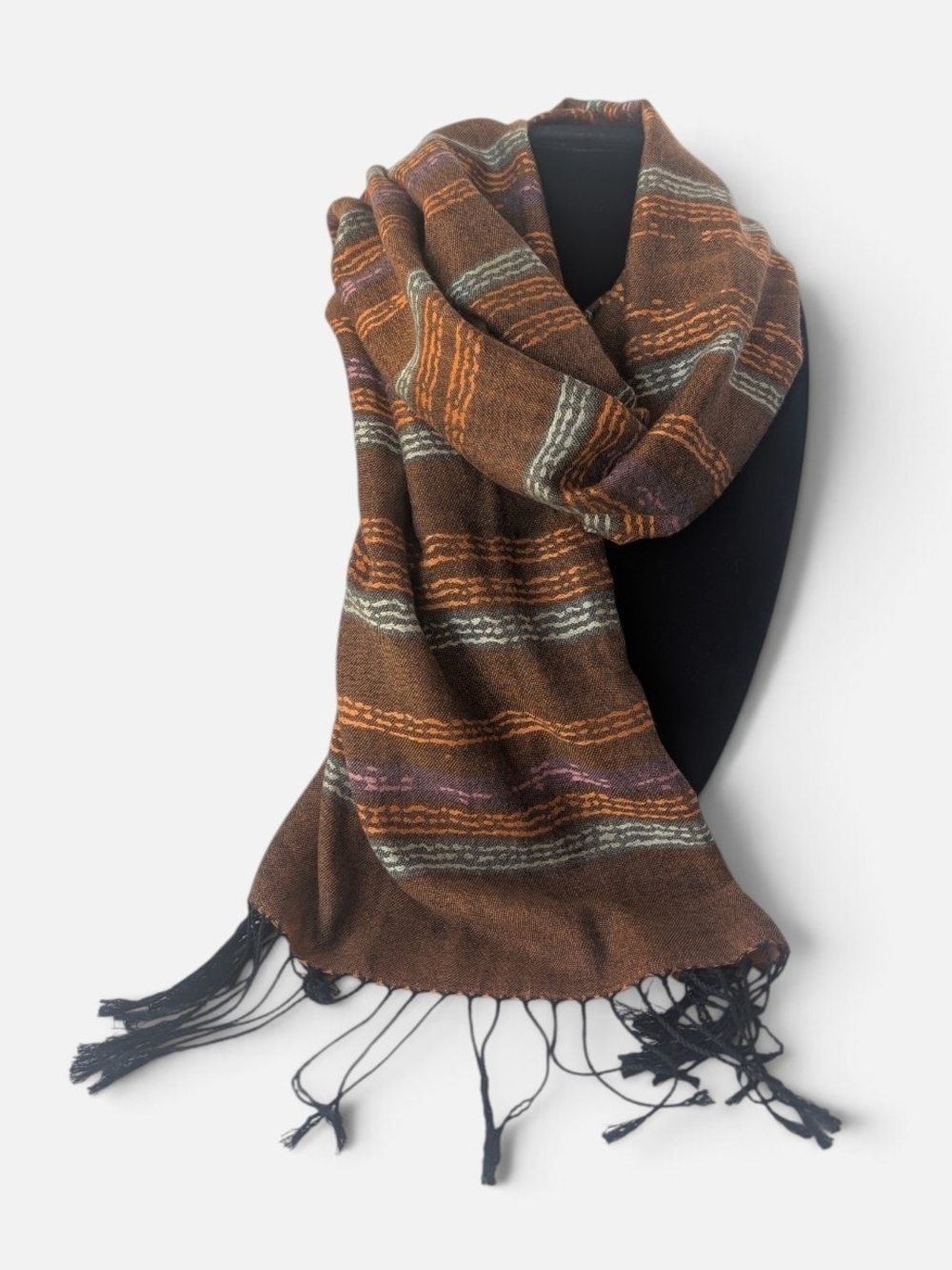 Vintage Italian Pashmina 100% Cashmere Scarf Wrap Brown Terracotta Fringe